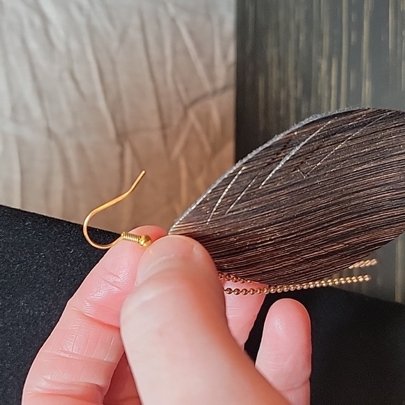 Gold and Black Feather Shaped Dangle Earrings with Embellishment - Picture 3 of 3